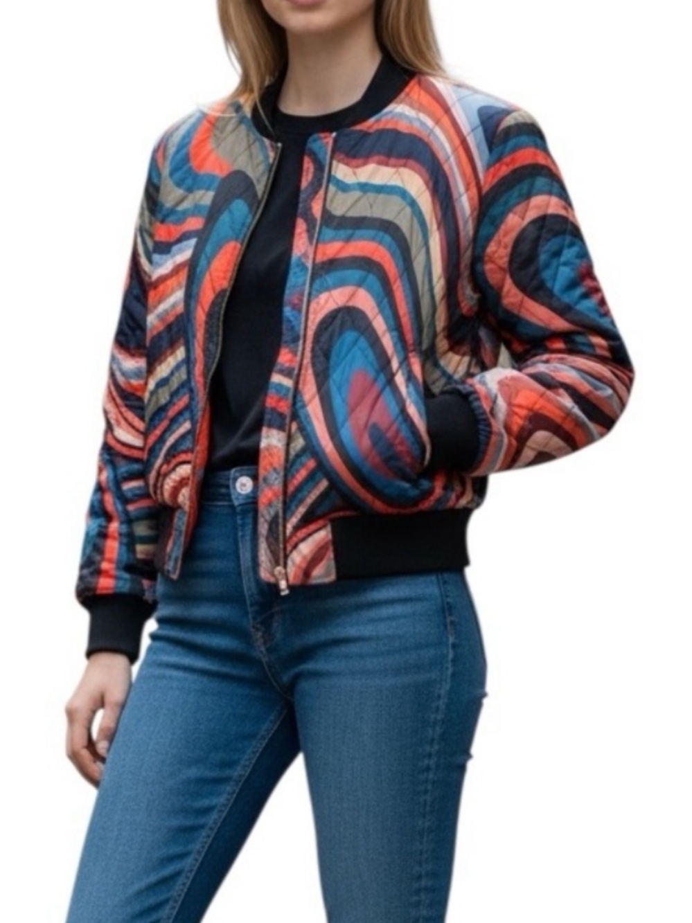 HerBottari 70’s Retro Vibe Abstract Wave Bomber Jacket